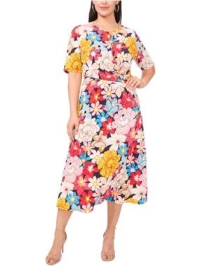 Msk Women's Vibrant Floral Belted Versatile Maxi Short Sleeve Dress